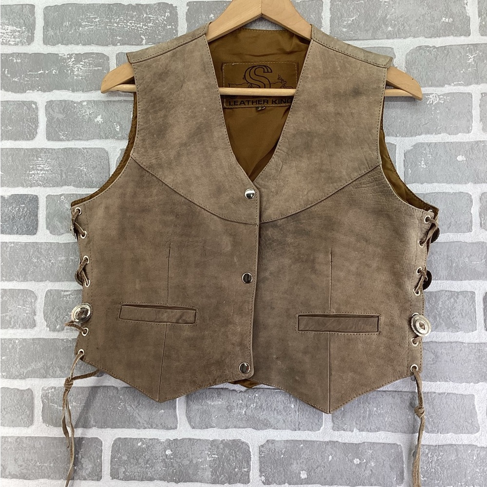 Leather King Vintage Tan Leather Lace Up Sides Riding vest size Large